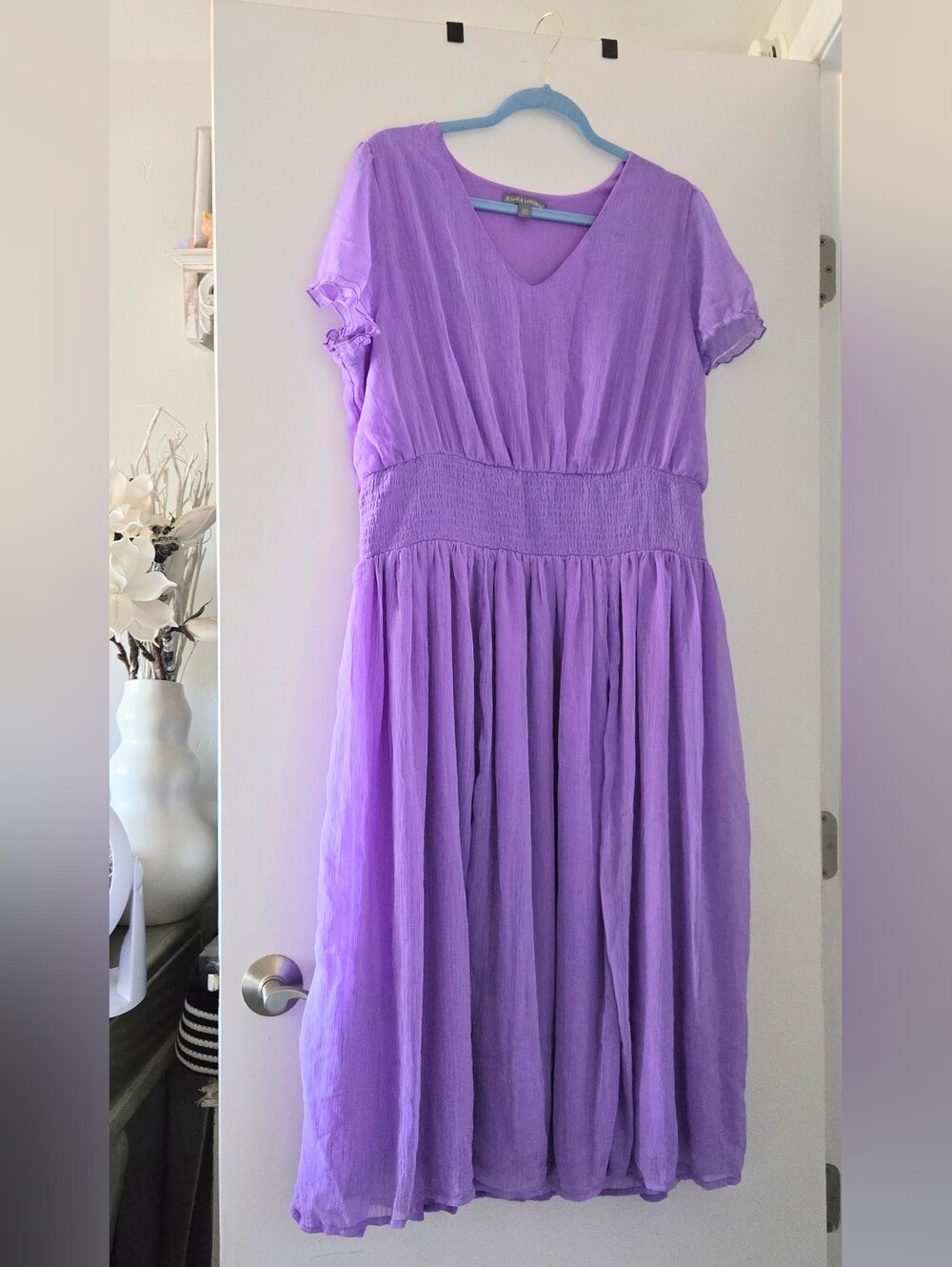 Jessica London Crinkle Texture Fit Flare Midi Dress Lilac Purple Short Slv 16W